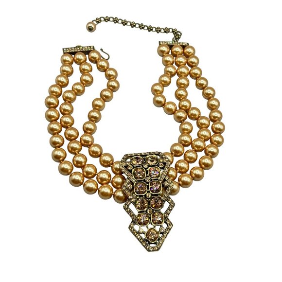 Heidi Daus Champagne Pearls Triple Strand Necklace Large Crystals Pave Pendant - Picture 1 of 8